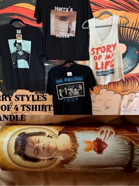 HARRY STYLES FAN LOT OF 4 TSHIRTS & CANDLE ONE DIRECTION